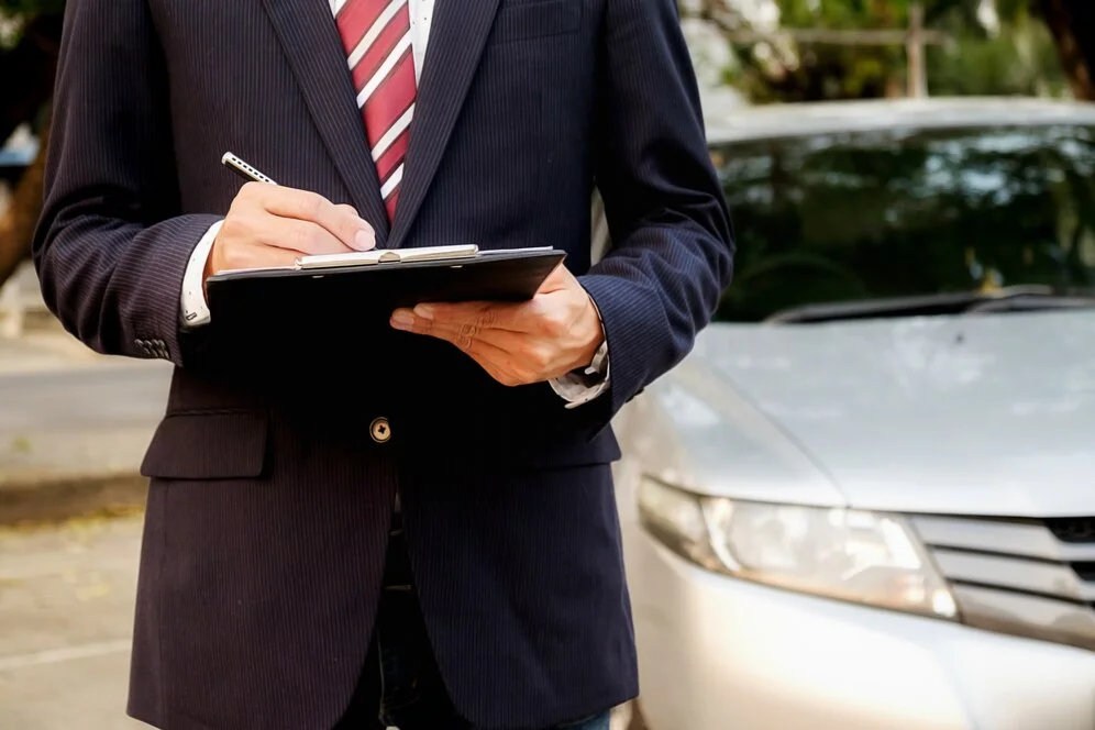lawyer writing on clipboard near a car, making a decision, lemonmyvehicle