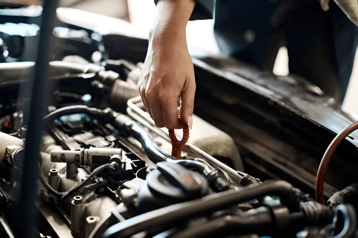 Mechanic checking oil dipstick under the hood of a car during engine inspection, lemonmyvehicle