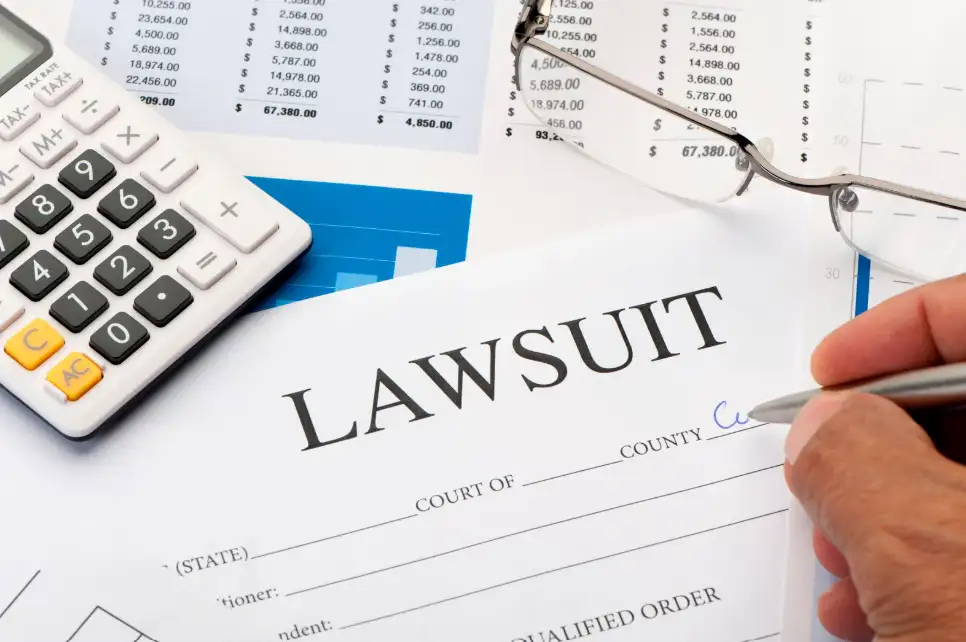 A hand writing on a LAWSUIT document, with a calculator and financial papers, representing the legal and financial process of a Lemon Law claim.
