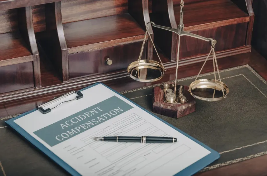 Accident compensation form beside legal scales for Lemon Law vehicle settlement