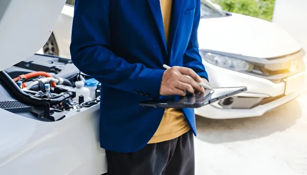 Inspector using tablet to assess car engine defects for Lemon Law claim, lemonmyvehicle
