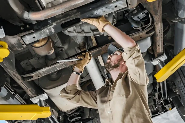 Auto technician inspecting vehicle undercarriage in repair shop, lemonmyvehicle