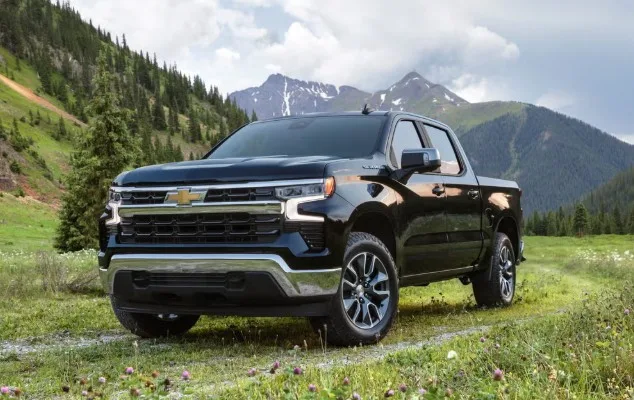 Black Chevrolet pickup truck parked on a grassy mountain landscape, showcasing rugged design and off road capability in an outdoor setting.