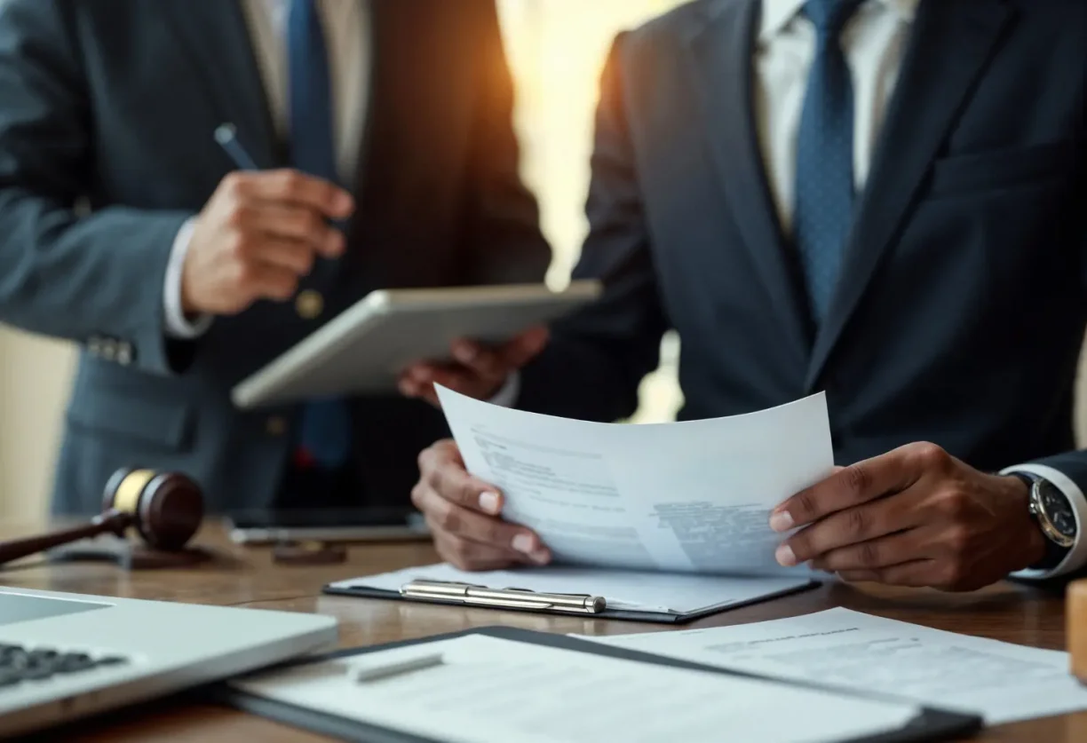 Automotive legal consultation with attorneys reviewing vehicle related documents